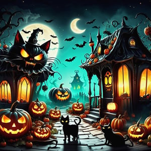 ((realistic,digital art)), (hyper detailed),donmcr33pyn1ghtm4r3xl  Whispering Retro Halloween Headless Horseman Pumpkin Patch Candy Apples Black Cats Wicked Chuckle Skull-shaped Candles Spider Silhouettes Decorating Homes and Yards