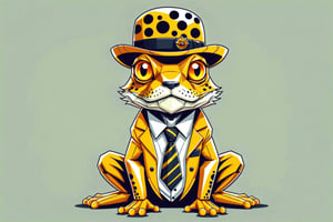 DonMG30T00nXL frog, yellow bowler hat, white, tiger print, dirndl, flame pattern, big black eyes, cute, cute_fangs