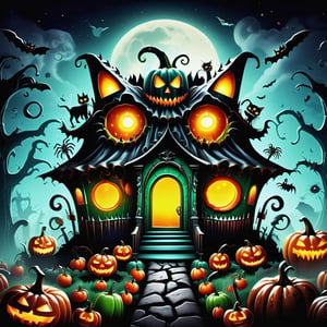 ((realistic,digital art)), (hyper detailed),donmcr33pyn1ghtm4r3xl  Whispering Retro Halloween Headless Horseman Pumpkin Patch Candy Apples Black Cats Wicked Chuckle Skull-shaped Candles Spider Silhouettes Decorating Homes and Yards