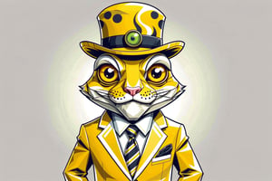 DonMG30T00nXL frog, yellow bowler hat, white, tiger print, dirndl, flame pattern, big black eyes, cute, cute_fangs