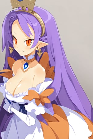 1girl, solo, long purple hair, orange eyes, ahoge, pointy ears, orange dress, elbow gloves, bare shoulders, maid headdress, jewelry, earrings, solo, smiling, looking at viewer, cowboy shot, contrapposto,