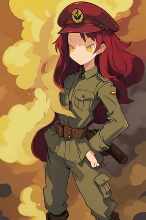 (masterpiece, best quality, detailed), 1girl, solo,  red hair, long hair, hair over one eye, yellow eyes, looking at viewer, 
military uniform, military, soldier, belt, green pants, beret, brown jacket, world war ii, war, military vehicle, battlefield, battle, dust, smoke, burning, fire, red sky, explosion, contrapposto, evil smile
