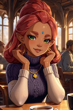 4k resolution, intricately detailed, trending on artstation,
((best quality)), ((highly detailed)), masterpiece, 
beautiful woman, full lips,  
Riju_Zelda, solo, smile, 
turtleneck sweater, earrings, library, cup of steaming coffee