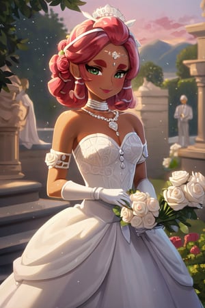 4k resolution, intricately detailed, trending on artstation,
((best quality)), ((highly detailed)), masterpiece, 
beautiful woman, full lips,  smile, blush, flowers, 
Riju_Zelda, solo, smile, bride, wedding dress, bridal veil, strapless dress, elbow gloves, white rose, pearl necklace, outdoors, sunset, blush