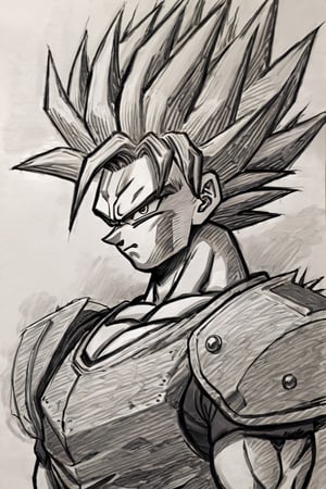 ((masterpiece,best quality)), 
(Pencil_Sketch:1.2, messy lines, greyscale, traditional media, sketch), unfinished, hatching (texture), solo, scifi armor, looking at viewer, simple background, 1boy, closed mouth, upper body, male focus, energy, muscular, frown, spiked hair, serious, dougi, saiyan
