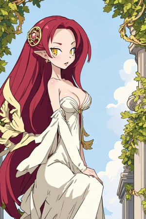 (masterpiece, best quality, detailed), 1girl, solo, red hair, long hair, hair over one eye, yellow eyes, looking at viewer, 
jewelry, bare shoulders, revealing clothes, evening gown, plunging neckline, thighs, halter dress, halterneck, thighlet, arch, pillar, column, architecture, overgrown, vines, blue sky, wedding, leaning forward, hanging breasts, parted lips