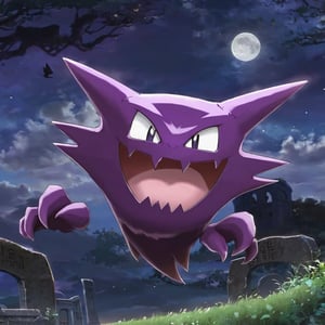 ((masterpiece,best quality)), , Haunter_Pokemon, floating, no humans, pokemon \(creature\),solo, smiling, long tongue, tongue out, looking at viewer,graveyard, crescent moon,cinematic composition,