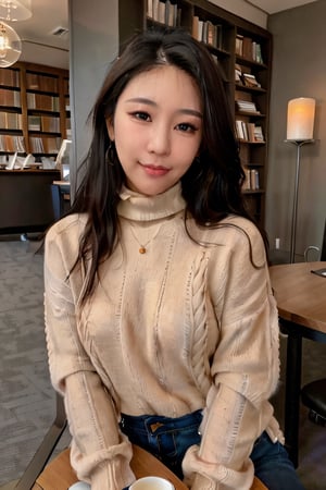 , Lucyinthe, photo of a beautiful girl, looking at the camera, smile,turtleneck sweater, earrings, library, cup of steaming coffee, sitting at table,photorealistic