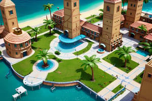 4k resolution, intricately detailed, trending on artstation, ((best quality)), ((highly detailed)), 
an aerial shot of Delfino_Plaza, birds eye view, palm tree, clock tower, fountain, small houses, ocean, beach, realistically detailed, HDR