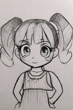 ,(Pencil_Sketch:1.2, messy lines, greyscale, traditional media, sketch),
1girl, solo, smile, dress, twintails, sleeveless, chibi, short twintails, powerpuff girls