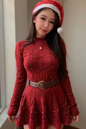 , Lucyinthe, photo of a beautiful girl, looking at the camera, smile,red dress, detailed santa hat, santa outfit, red sweater, puffy skirt, Christmas tree, belt, ,Lucyinthe,photorealistic