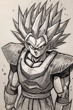 ((masterpiece,best quality)), 
(Pencil_Sketch:1.2, messy lines, greyscale, traditional media, sketch), unfinished, hatching (texture), solo, scifi armor, looking at viewer, simple background, 1boy, closed mouth, upper body, male focus, spiked hair, serious, dougi, saiyan