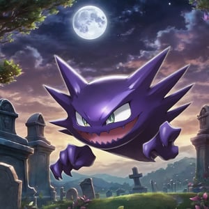 ((masterpiece,best quality)), , Haunter_Pokemon, floating, no humans, pokemon \(creature\),solo, evil smile, looking at viewer, graveyard, crescent moon,cinematic composition, ,Leonardo Style