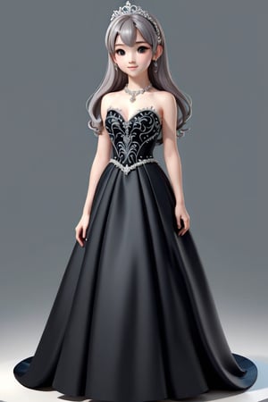 Drawing of a girl with wearing a long black ballgown dress,  silver neckelace cute 3d rendering,  cute detailed digital art,  mini cute girl,  cute digital painting,  3d rendering stylized,  cute digital art,  cute rendering 3d anime girl,  little curve loli,  cute! C4D,  a single character full body,  standing on a white base, masterpiece,Shemira_AFK