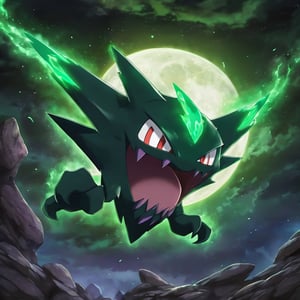 masterpiece, best quality, ultra high res, beautiful, visually stunning, elegant, incredible details, award-winning painting, (dark art:1.1), deep shadow, (dark green theme:1.2), , r1ge, glowing, aura, energy, beam, flying debris, [serious|angry],  Haunter_Pokemon, floating, no humans, pokemon \(creature\),solo, evil smile, looking at viewer, graveyard, crescent moon,cinematic composition, aura, angry, 
