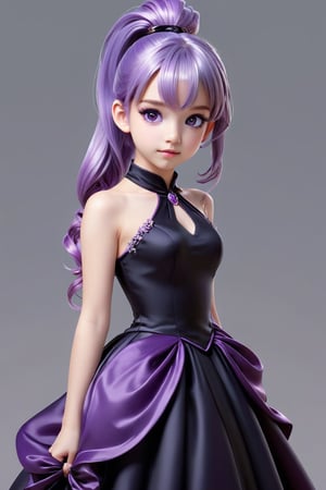 Drawing of a cute young girl with purple eyes,  with purple hair with ponytail and wearing a long black ballgown dress,  silver neckelace cute 3d rendering,  cute detailed digital art,  mini cute girl,  cute digital painting,  3d rendering stylized,  cute digital art,  cute rendering 3d anime girl,  little curve loli,  cute! C4D,  a single character full body,  standing on a white base, masterpiece
