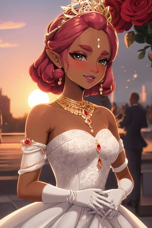 4k resolution, intricately detailed, trending on artstation,
((best quality)), ((highly detailed)), masterpiece, 
beautiful woman, full lips,  
Riju_Zelda, solo, smile, bride, wedding dress, bridal veil, strapless dress, elbow gloves, white rose, pearl necklace, outdoors, sunset, skirt lift, blush