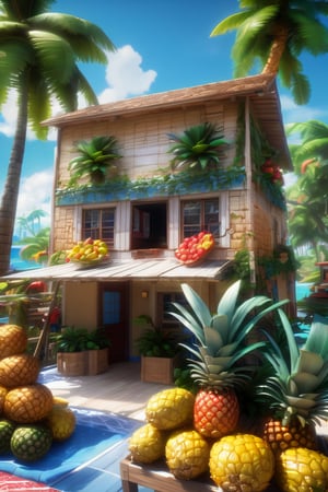 4k resolution, intricately detailed, trending on artstation, ((best quality)), ((highly detailed)), masterpiece, scenery, no humans,
outside, Delfino_Plaza, small fruit stand, pineapples, coconuts, palm tree, small house, clear blue sky, realistically detailed, HDR, 