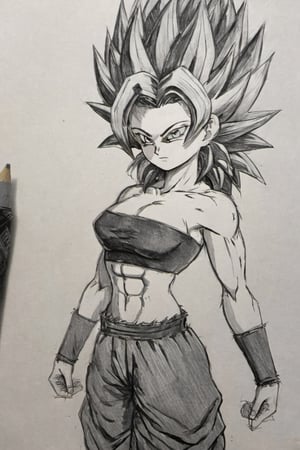((masterpiece,best quality)), pretty eyes, detailed face,
(Pencil_Sketch, messy lines, greyscale, traditional media, sketch), 1girl, solo, navel, medium breasts, closed mouth, standing, midriff, pants, crop top, strapless, spiked hair, bandeau, tube top, caulifla, saiyan