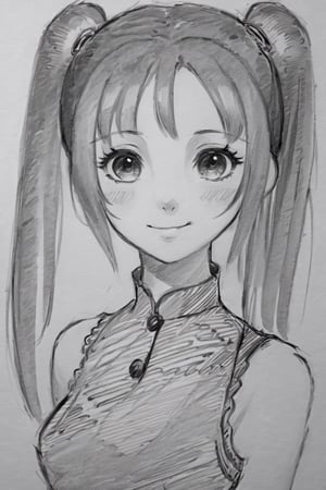 ((masterpiece,best quality)), pretty eyes, detailed face,
,(Pencil_Sketch:1.2, messy lines, greyscale, traditional media, sketch),
1girl, solo, smile, dress, twintails, sleeveless,  short twintails, breasts,
