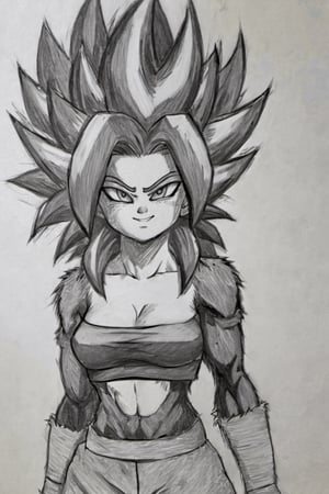 ((masterpiece,best quality)), pretty eyes, detailed face,
(Pencil_Sketch, messy lines, greyscale, traditional media, sketch), 1girl, solo, navel, medium breasts, closed mouth, standing, midriff, pants, crop top, strapless, spiked hair, bandeau, tube top, caulifla, saiyan, smile, red fur, body fur,