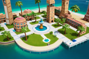 4k resolution, intricately detailed, trending on artstation, ((best quality)), ((highly detailed)), 
an aerial shot of Delfino_Plaza, birds eye view, palm tree, clock tower, fountain, small houses, ocean, beach, realistically detailed, HDR