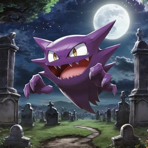 ((masterpiece,best quality)), , Haunter_Pokemon, floating, no humans, pokemon \(creature\),solo, evil smile, looking at viewer, graveyard, crescent moon,cinematic composition, ,more detail XL
