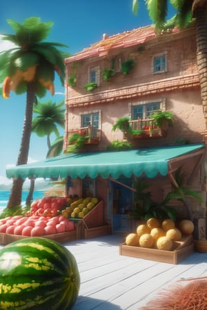 4k resolution, intricately detailed, trending on artstation, ((best quality)), ((highly detailed)), masterpiece, scenery, no humans, giant Watermelon,
outside, Delfino_Plaza, small fruit stand, pineapples, coconuts, palm tree, small house, clear blue sky, realistically detailed, HDR, 
