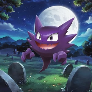 ((masterpiece,best quality)), , Haunter_Pokemon, floating, no humans, pokemon \(creature\),solo, evil smile, looking at viewer, graveyard, crescent moon,cinematic composition, 