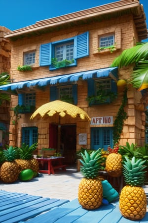 4k resolution, intricately detailed, trending on artstation, ((best quality)), ((highly detailed)), masterpiece, scenery, no humans,
outside, Delfino_Plaza, small fruit stand, pineapples, coconuts, palm tree, small house, clear blue sky, realistically detailed, HDR, ,Delfino_Plaza