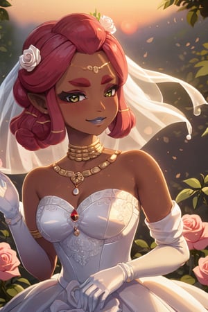 4k resolution, intricately detailed, trending on artstation,
((best quality)), ((highly detailed)), masterpiece, 
beautiful woman, full lips,  smile, blush, flowers, 
Riju_Zelda, solo, smile, bride, wedding dress, bridal veil, strapless dress, elbow gloves, white rose, pearl necklace, outdoors, sunset, blush