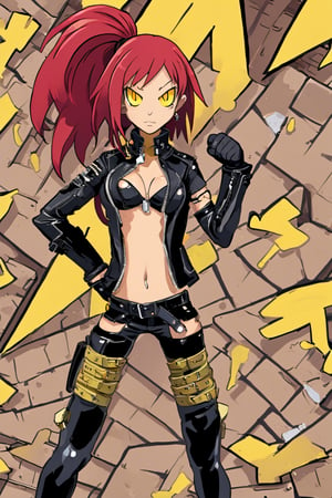 (masterpiece, best quality, detailed), red hair, long hair, hair over one eye, yellow eyes, looking at viewer, leather jacket, leather pants, strapless bra, black jacket, tight pants, black chocker, zipper, fingerless gloves, biker clothes, spikes, unzipped, multiple belts, shiny clothes, high collar, , CONCEPT_graffiti_wall_ownwaifu, www.ownwaifu.com, (graffiti:1.2), brick wall, fighting stance, (clenched hands), legs apart, grin, v-shaped eyebrows
