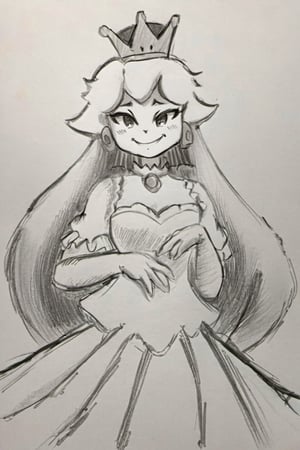 ((masterpiece,best quality)),
(Pencil_Sketch:1.2, messy lines, greyscale, traditional media, sketch), unfinished, hatching (texture) , ((masterpiece,best quality)), absurdres, , Boosette_Mario, 1girl, long hair, white hair, long white dress, ballroom dress, white gloves, solo, smiling, blushing, looking at viewer, cowboy shot,