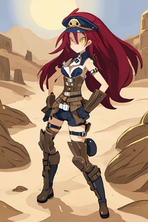 (masterpiece, best quality, detailed), 1girl, solo, red hair, long hair, hair over one eye, yellow eyes, looking at viewer, 
bag, belt pouch, cabbie hat, corset, gloves, pouch, shoulder bag, thigh holster, thigh strap, boots, suspenders, wristband, steampunk, desert, sand, dust, sun, hands on hips, smile, closed mouth, v-shaped eyebrows
