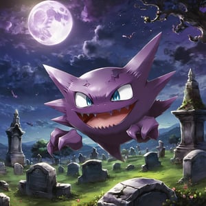 ((masterpiece,best quality)), , Haunter_Pokemon, floating, no humans, pokemon \(creature\),solo, smile, looking at viewer,graveyard, crescent moon,cinematic composition,
