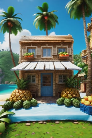 4k resolution, intricately detailed, trending on artstation, ((best quality)), ((highly detailed)), masterpiece, scenery, no humans,
outside, Delfino_Plaza, small fruit stand, pineapples, coconuts, palm tree, small house, clear blue sky, realistically detailed, HDR, ,Delfino_Plaza,more detail XL