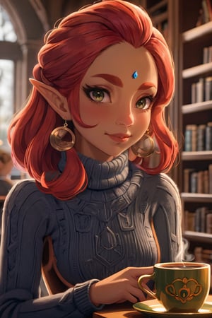4k resolution, intricately detailed, trending on artstation,
((best quality)), ((highly detailed)), masterpiece, 
beautiful woman, full lips,  
Riju_Zelda, solo, smile, red hair, 
turtleneck sweater, earrings, library, cup of steaming coffee