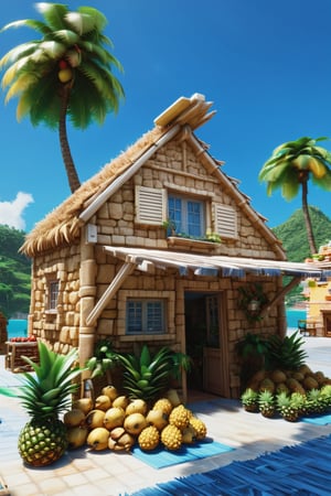 4k resolution, intricately detailed, trending on artstation, ((best quality)), ((highly detailed)), masterpiece, scenery, no humans,
outside, Delfino_Plaza, small fruit stand, pineapples, coconuts, palm tree, small house, clear blue sky, realistically detailed, HDR, ,Delfino_Plaza,more detail XL