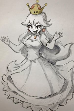 ((masterpiece,best quality)),
(Pencil_Sketch:1.2, messy lines, greyscale, traditional media, sketch), unfinished, hatching (texture) , ((masterpiece,best quality)), absurdres, , Boosette_Mario, 1girl, long hair, white hair, long white dress, ballroom dress, white gloves, solo, smiling, blushing, looking at viewer, cowboy shot,