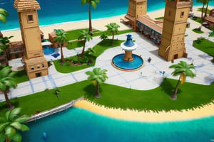 4k resolution, intricately detailed, trending on artstation, ((best quality)), ((highly detailed)), 
an aerial shot of Delfino_Plaza, birds eye view, palm tree, clock tower, fountain, small houses, ocean, beach, realistically detailed, HDR,more detail XL