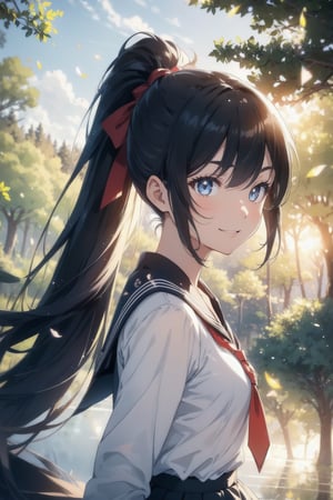 anime style beautiful woman, 1girl, (ponytail), black hair, (long hair), (smile), (((Landscape, sky, blurry, tree, summer, stunning aesthetics, sunlight, majestic forest, beautiful and detailed image, reflection))), upper body, 
Slender, skinny,  (turime), thick eyebrows, 
(school uniform), (sailor uniform), ((red sailor tie)), (white sailor blouse), 
vibrant colors, sharp focus, best quality, depth of field, cinematic lighting, (illustration, 8k CG, extremely detailed), ultra-detailed, high resolution, firefliesfireflies, perfect light, 
stylish pose, 8k, very clear, highest quality, high resolution. best quality, illustration, sax blue, 1girl, cute, (dynamic lighting:1.2), cinematic lighting, delicate facial features, detailed eyes, sharp pupils, realistic pupils, depth of field, bokeh, sharp focus, (hyper-detailed, bloom, glow:1.4), many small gems, e235,Void volumes,Classroom,Magic Forest,Nature,Landscape