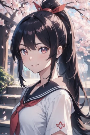 anime style beautiful woman, 1girl, (ponytail), black hair, (long hair), (smile), (Simple Sakura, cherry blossoms, temple, tree, stairs, sky), 
Slender, skinny, (turime), thick eyebrows, 
(school uniform), (sailor uniform), ((red sailor tie)), (white sailor blouse), 
vibrant colors, sharp focus, best quality, depth of field, cinematic lighting, (illustration, 8k CG, extremely detailed), ultra-detailed, high resolution, firefliesfireflies, perfect light, 
stylish pose, 8k, very clear, highest quality, high resolution. best quality, illustration, sax blue, 1girl, cute, (dynamic lighting:1.2), cinematic lighting, delicate facial features, detailed eyes, sharp pupils, realistic pupils, depth of field, bokeh, sharp focus, (hyper-detailed, bloom, glow:1.4), many small gems, 