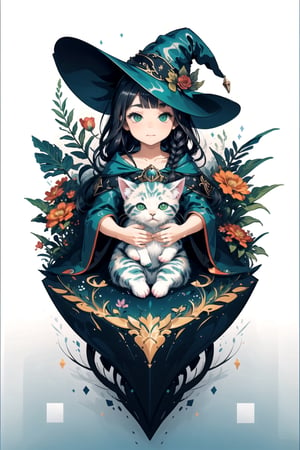 ((Flying in the sky with fluffy kitten)) ,(SIMPLE green witch's big hat and green robe), shining eyes , twin braid ,blunt bangs, black hair , little girl, 10 years old, intricate details, 32k digital painting, hyperrealism, (vivid color,abstract background:1.3, colorful:1.3, flowers:1.2, zentangle:1.2, fractal art:1.1) , parted bangs, SUPER HIGH quality, in 8K , intricate detail, ultra-detailed,High detailed ,