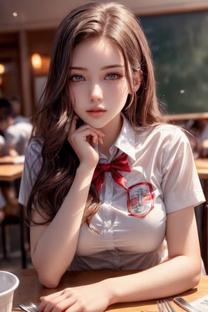 best quality,masterpiece,detailed,16k,beautiful detailed face,beautiful detailed eyes,8k,female_solo,prefect body, prefect face, full body shot, (long flowing hair),(laying on a restaurant table:1.2),(wearing a red and white school uniform:1.2), (perfect large breasts)