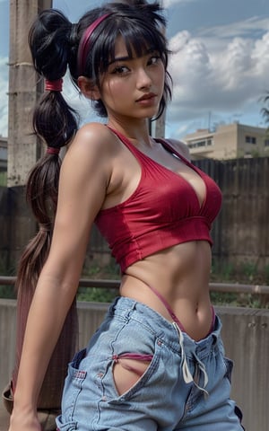 Photorealistic, best-quality. (Musa). (casual outfit), (red crop top, baggy cargo jeans, red headband, red sneakers). (short twin tails, bangs, black hair, black eyes, Asian features).