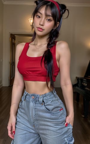 Photorealistic, best-quality. Musa. (casual outfit), (red crop top, baggy cargo jeans, red headband, red sneakers). (short twin tails, bangs, black hair, black eyes, Asian features). In a music room.,yuzu