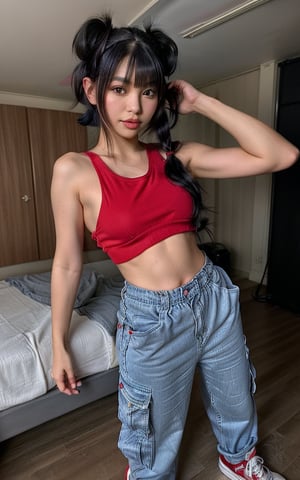 Photorealistic, best-quality. Musa. (casual outfit), (red crop top, baggy cargo jeans, red headband, red sneakers). (short twin tails, bangs, black hair, black eyes, Asian features). In a DJ room.,yuzu