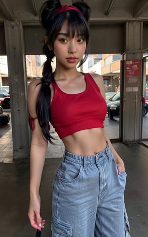 Photorealistic, best-quality. Musa. (casual outfit), (red crop top, baggy cargo jeans, red headband, red sneakers). (short twin tails, bangs, black hair, black eyes, Asian features).