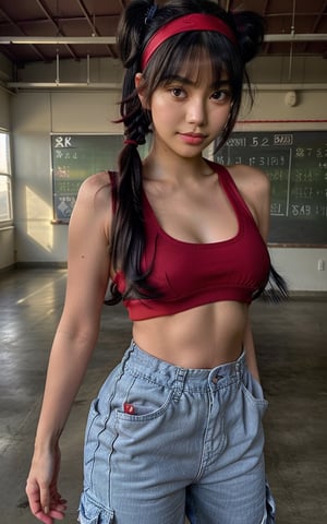 Photorealistic, best-quality. Musa. (casual outfit), (red crop top, baggy cargo jeans, red headband, red sneakers). (short twin tails, bangs, black hair, black eyes, Asian features). In an indoor school classroom.