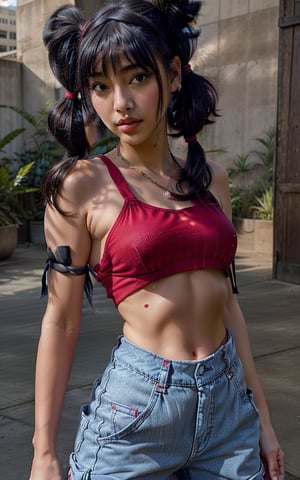 Photorealistic, best-quality. (Musa). (casual outfit), (red crop top, baggy cargo jeans, red headband, red sneakers). (short twin tails, bangs, black hair, black eyes, Asian features).